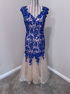 Claudine Embroidered Beaded Tulle Prom Dress Gown Sz 10 Royal Blue